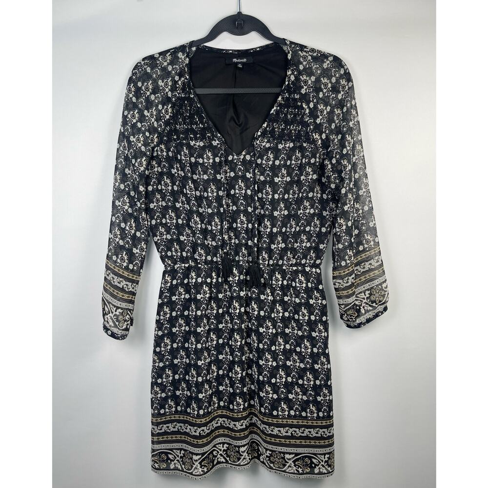Madewell Woodland Boho Border Print Long Sleeve Mini Dress Size 00 - Picture 3 of 8